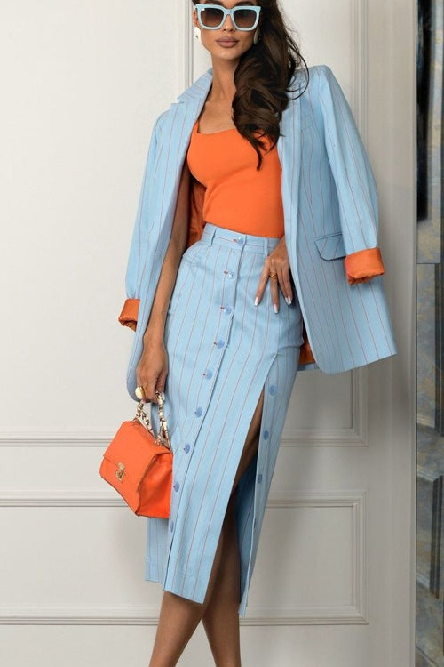Striped Lapel Long Sleeve Blazer Split Bodycon Two Piece Set Main image