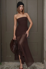 Solid Strapless Mesh Panel Party Dress