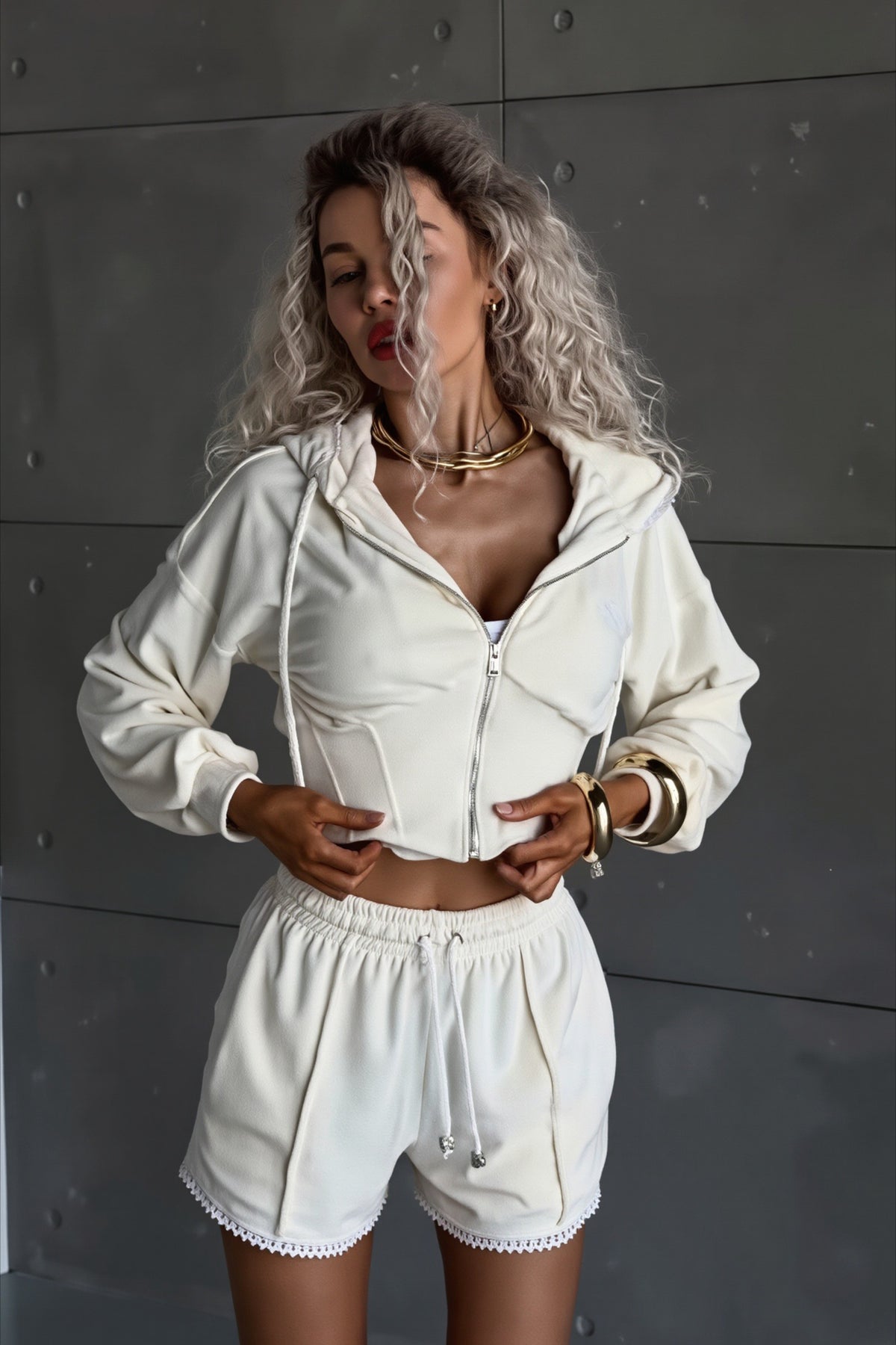 Contrast Velour Zip Front Shorts Hoodie Two Piece Set Main image