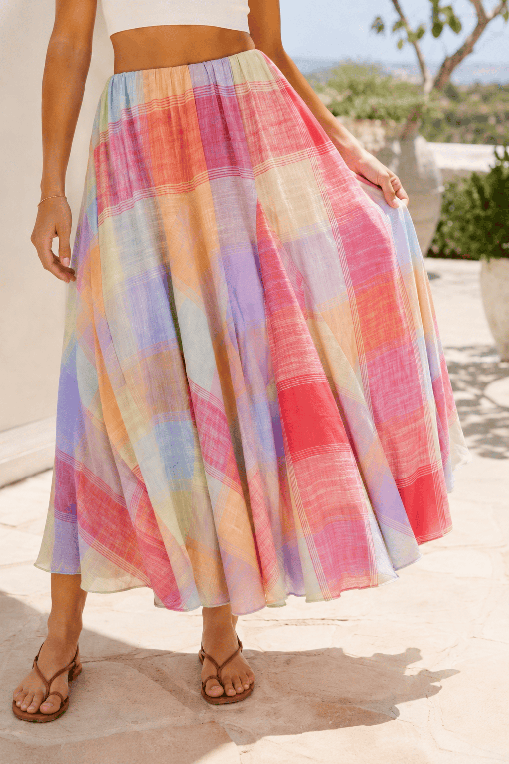 Elastic Waist Colorful Plaid Flared Maxi Skirt