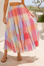 Elastic Waist Colorful Plaid Flared Maxi Skirt