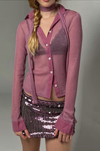 Glitter Sheer Tie Neck Button Crop Top