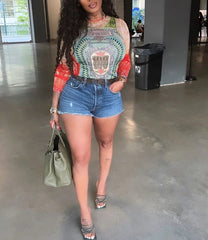 Dollar Print Slim Mesh Sheer Top