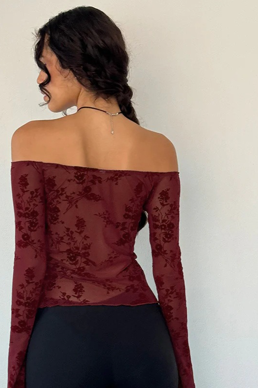 Velvet Mesh Off Shoulder Bow Tie Flare Sleeve Crop Top Secondary image