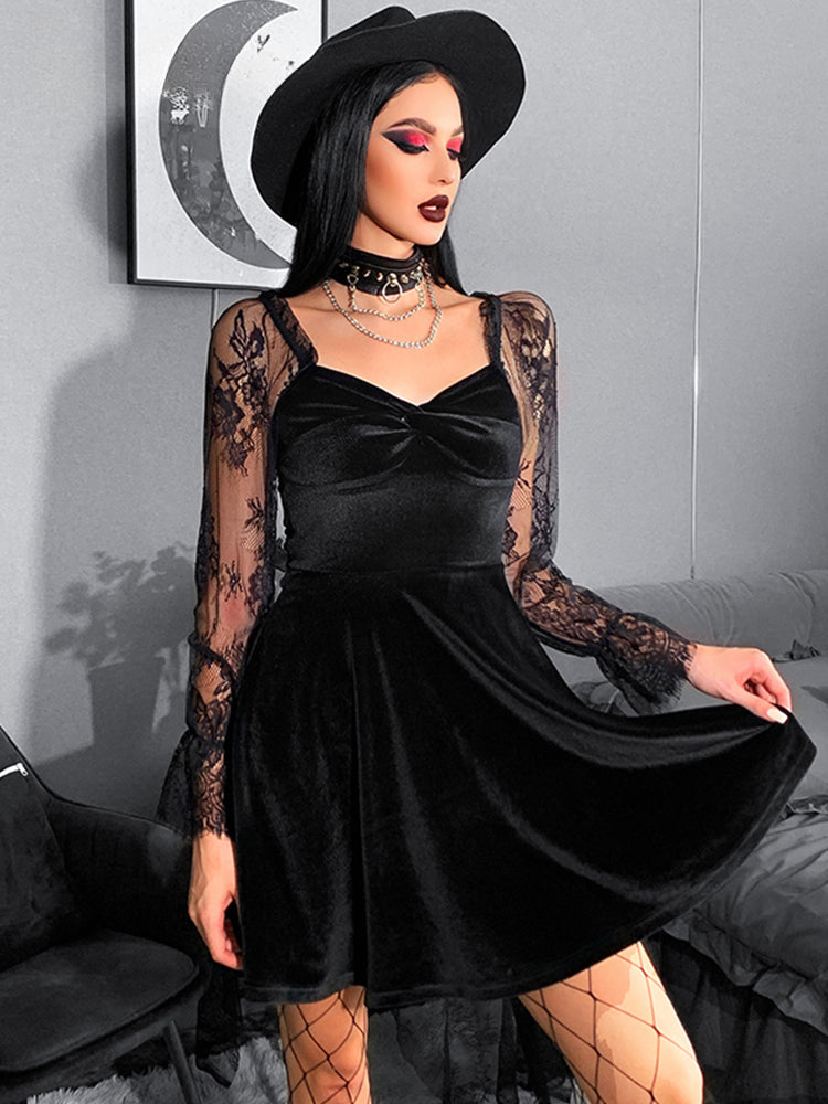 Velvet Lace Lantern Sleeve Twisted 40s 50s Retro V Neck Backless Bodycon Goth Dress Main image