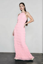 Open Back Ruched Stripe Tie Ruffle Maxi Vacation Dress