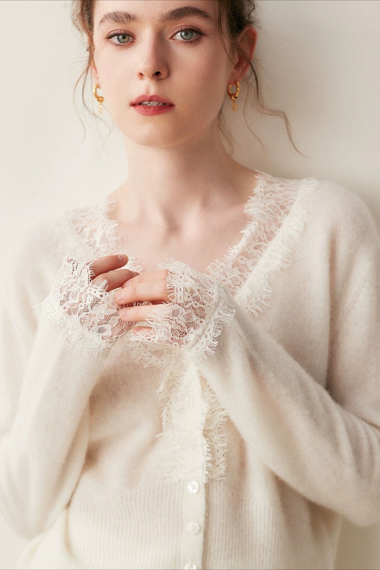 Lace Trim V Neck Cashmere Cardigan Main image