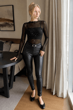 Mesh Rhinestone Mandarin Collar T-shirt