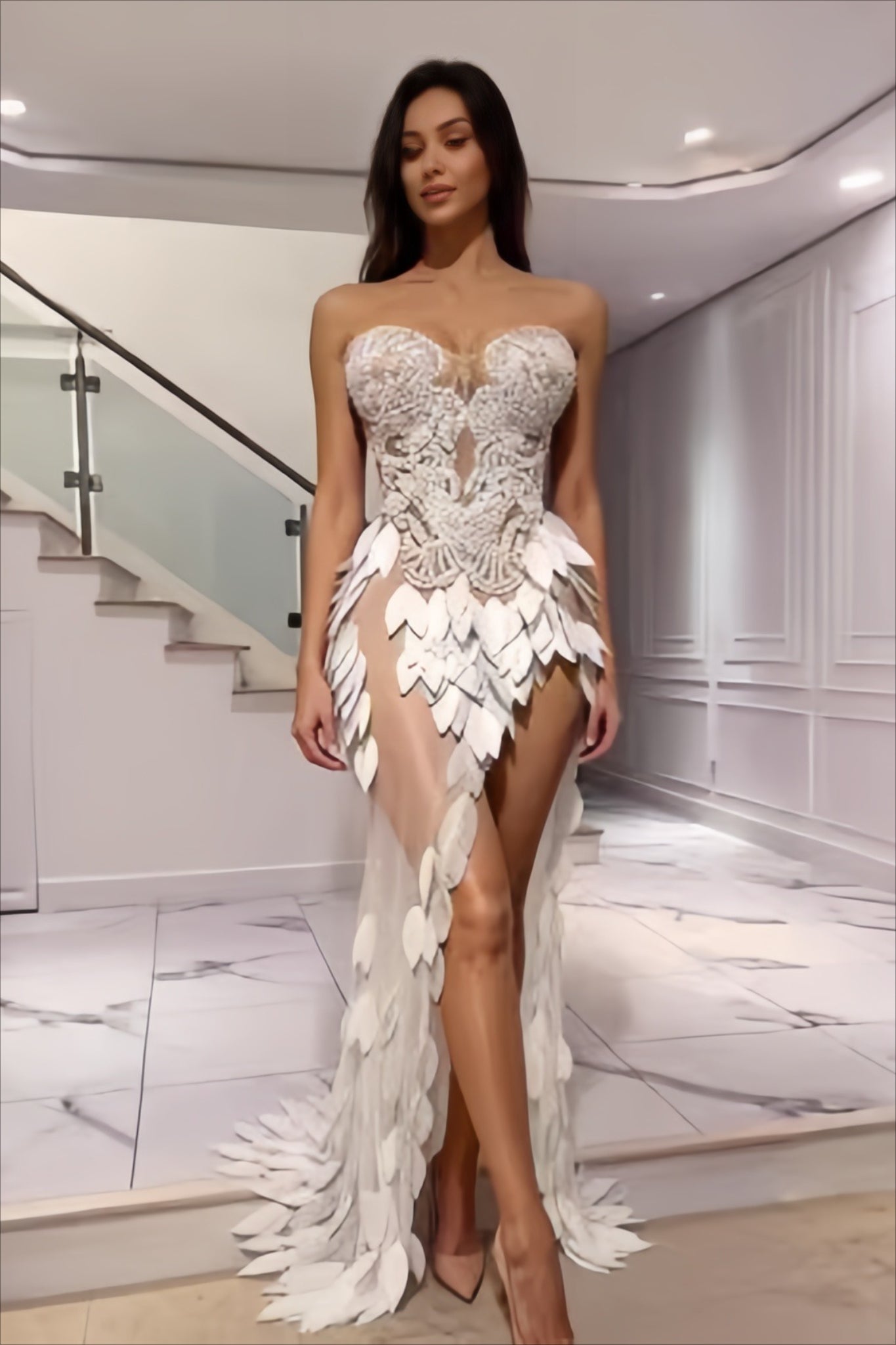 Pearl Embroidered Sequin Leaf Strapless Wedding Dress Secondary image