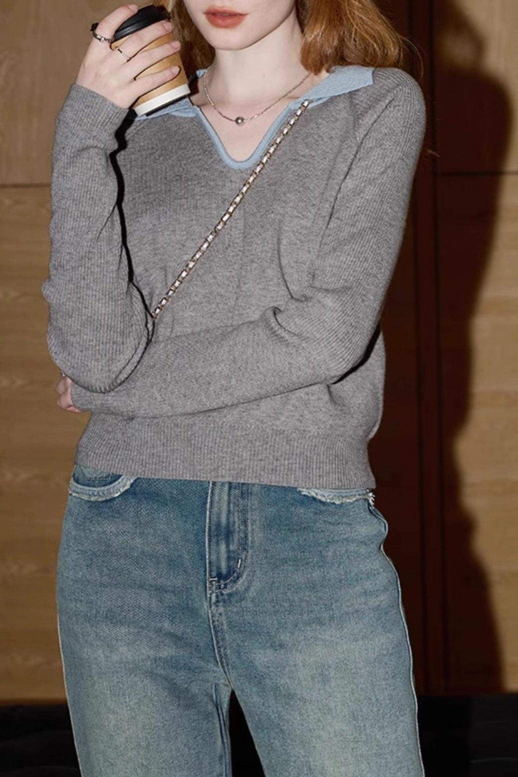 Elegant Grey Ribbed Knit Top Main image