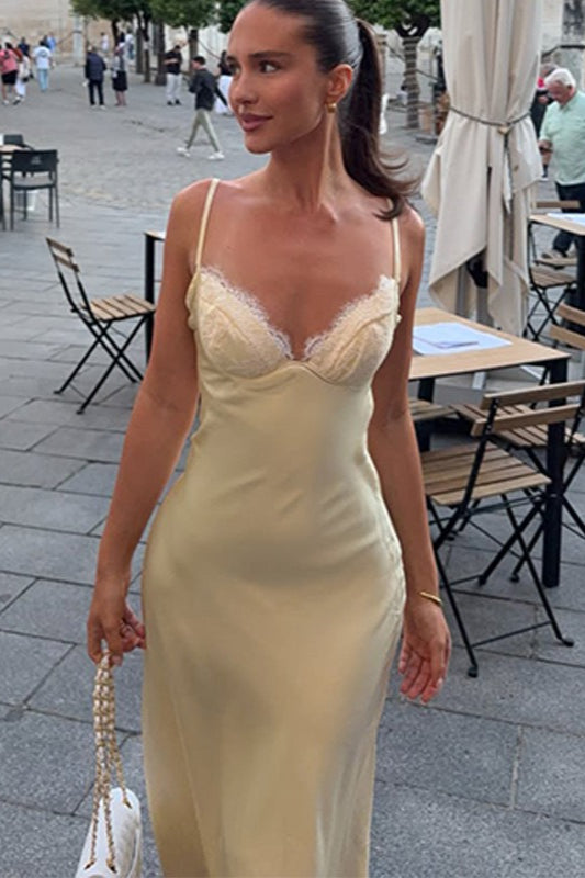 Yellow Lace Panel Satin Cami Maxi Lace Dress Secondary image
