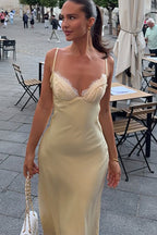 Yellow Lace Panel Satin Cami Maxi Lace Dress