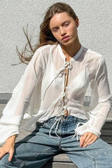 Design Drawstring Neck Blouse