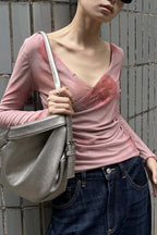 Draped V Neck Mesh Long Sleeve T-Shirt
