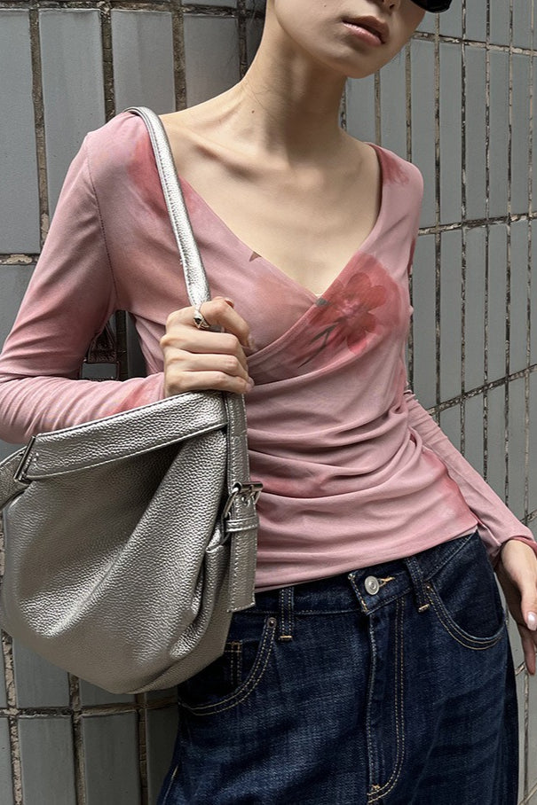 Draped V Neck Mesh Long Sleeve T-Shirt