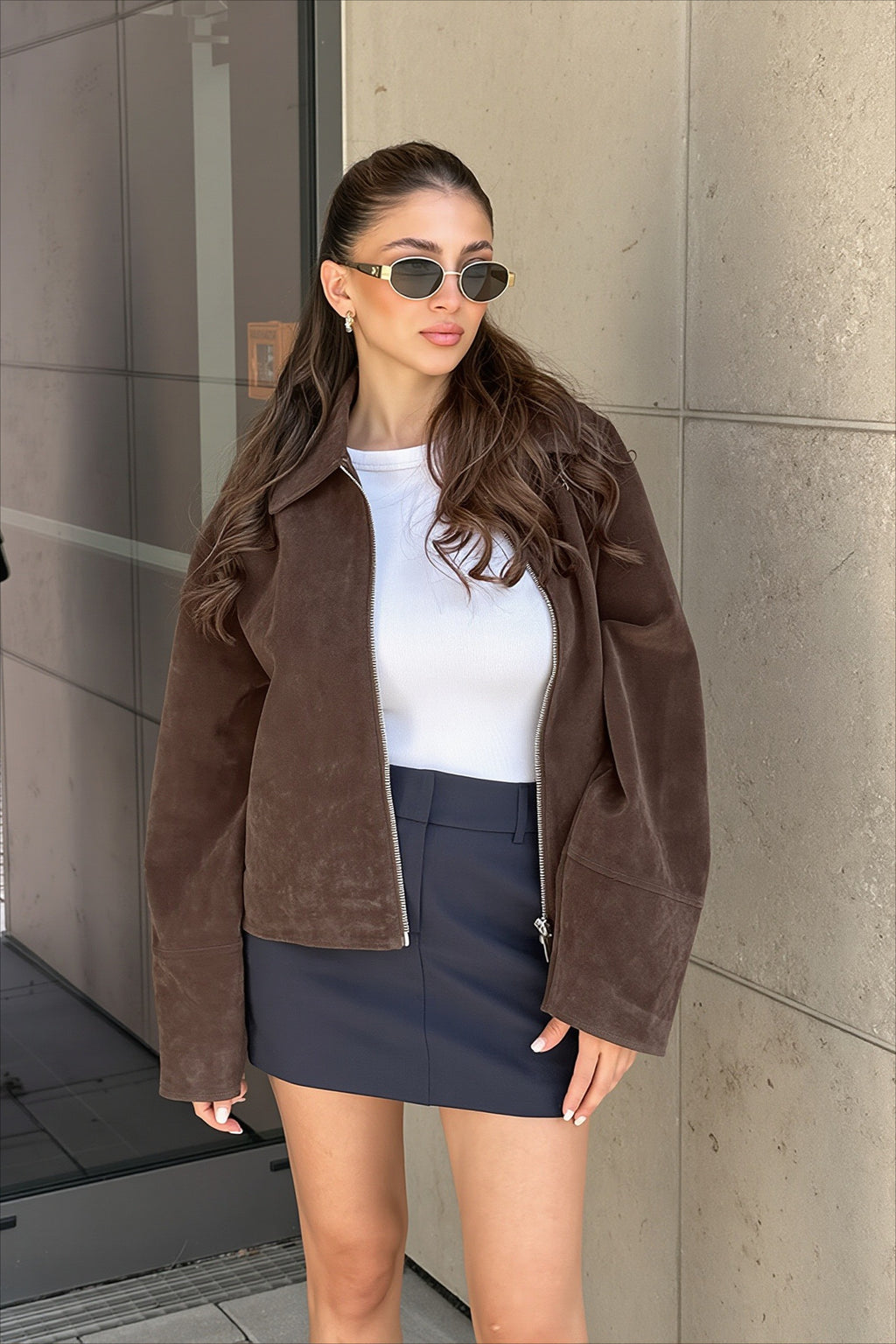 Suede Look Collared Brown Zip Jacket