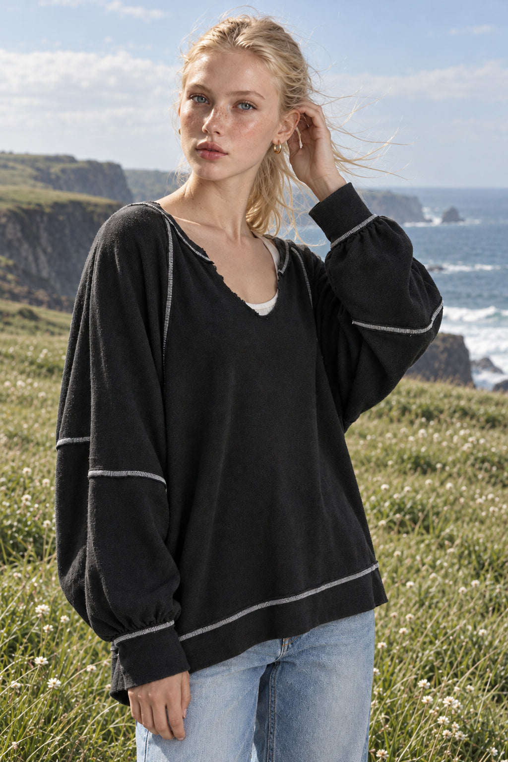 Contrast Stitch V Neck Sweatshirt