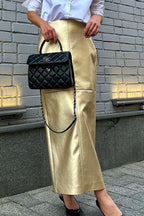 Metallic PU Leather Panel Bodycon Skirt