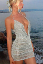 Plunge Halter Ruched Slip Dress