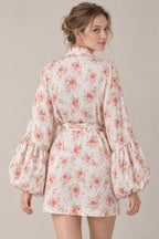 Satin Floral Print Puff Tie A Line Mini Dress