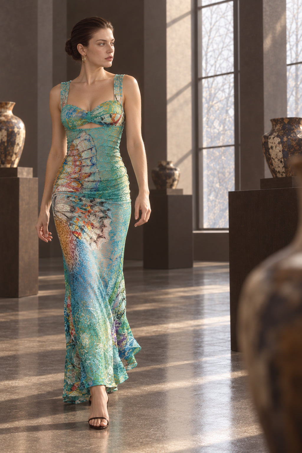 Lace Print Backless Bodycon Maxi Dress