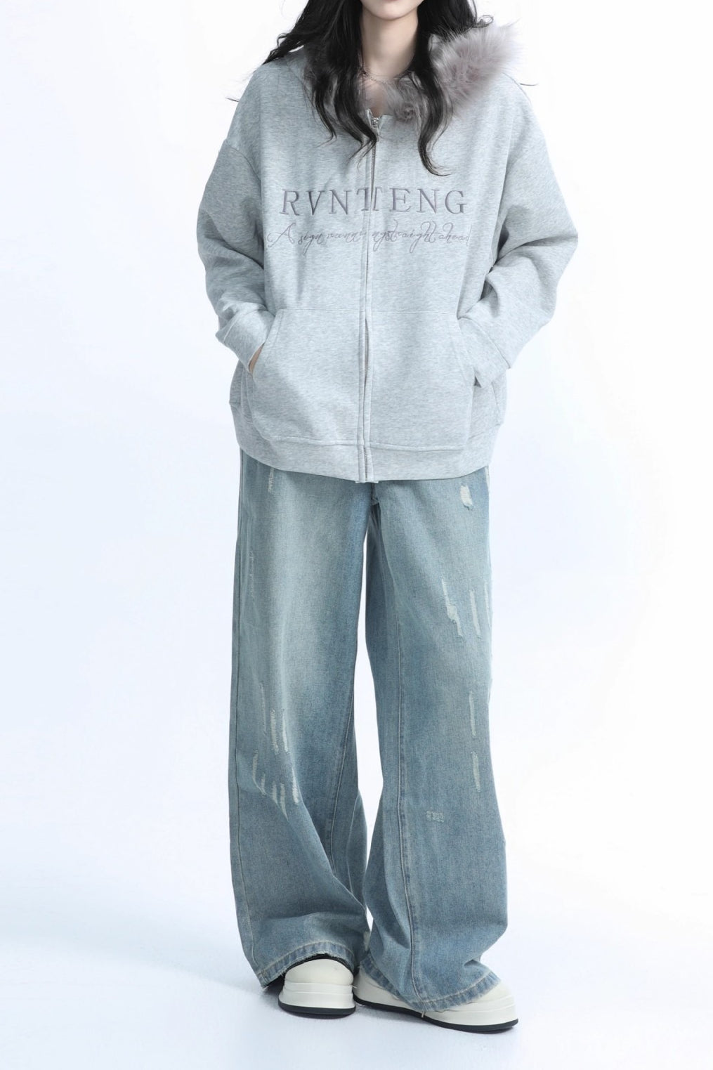 Fur Collar Oversized Zip Hoodie Secondary image