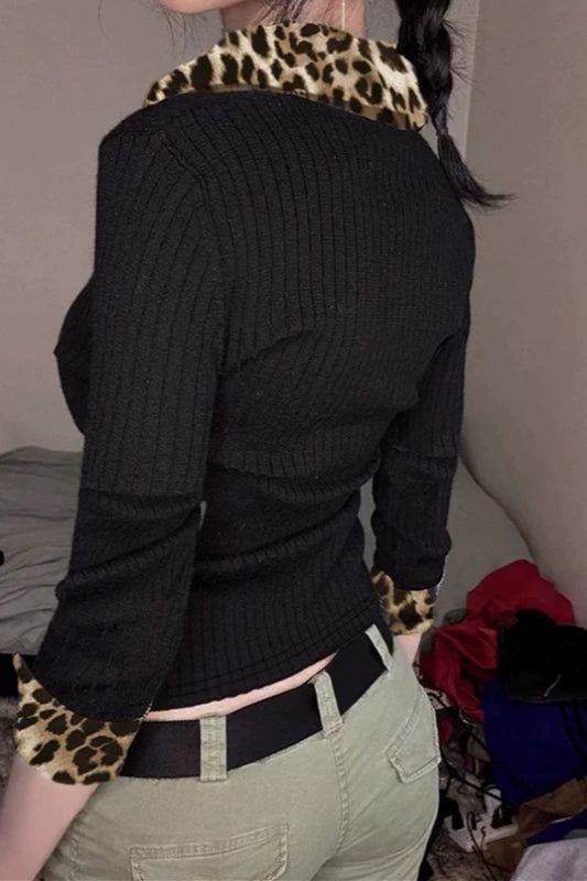 Leopard V Neck Ribbed Long Sleeve Top Secondary image