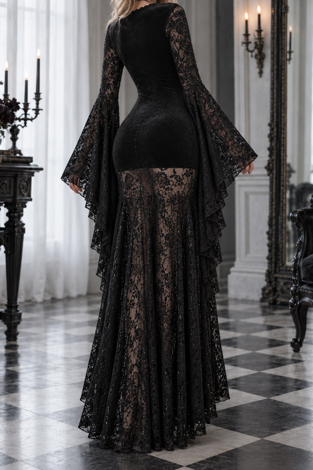 Lace Sleeve Velvet Effect Maxi Dress
