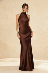 Vintage Solid Satin Backless Maxi Dress