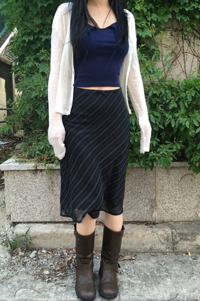 Stripe Print Sheer Mesh Knit Midi Skirt Main image
