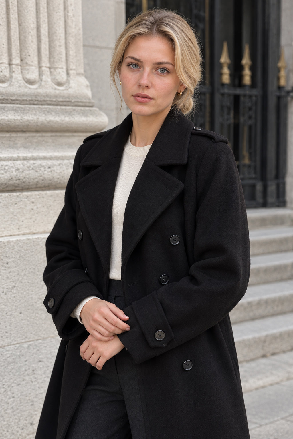 Black Loose Lapel Double-Breasted Overcoat