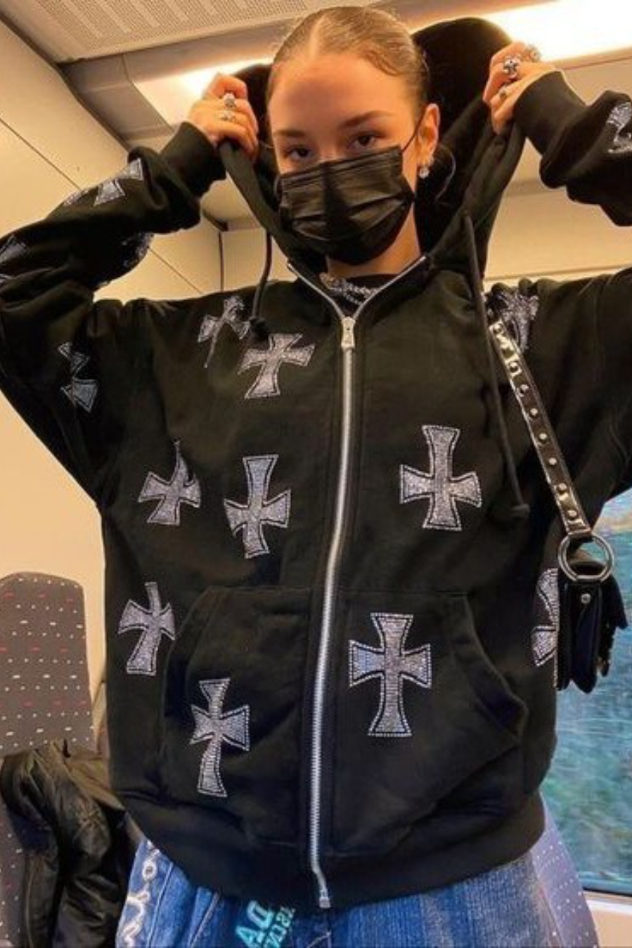 Casual Loose Rhinestone Hooded Zip Hoodie Main image