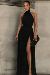 Solid Ruched Halter Backless Slit Formal Dress