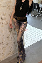 Washed Distressed Foil Print Slim Flare Jeans