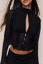 Chic Button Hollow Out Tie Front Slim Blouse