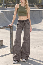 Strap Detail Low Rise Straight Leg Cargo Jeans