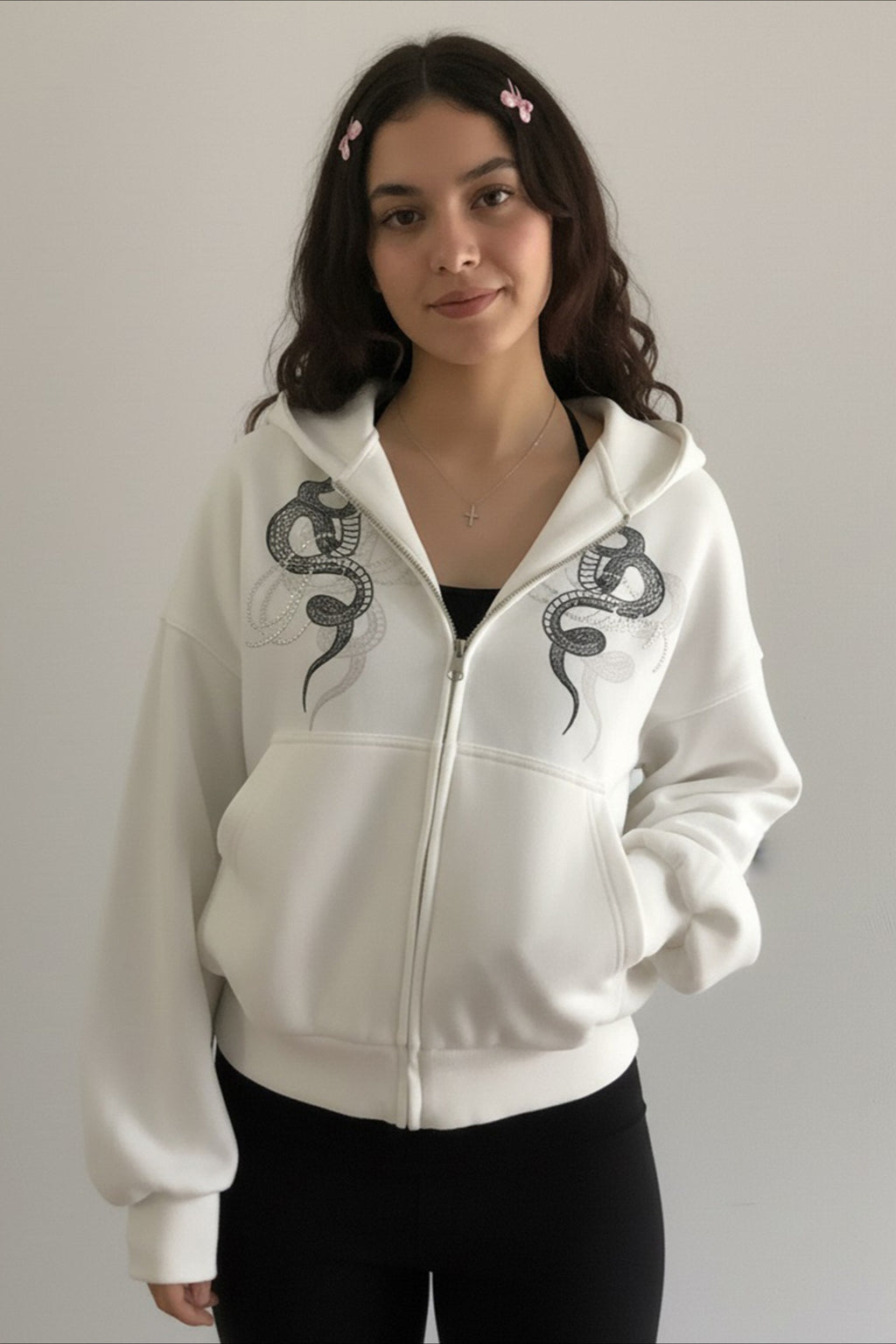 Snake Embroidery Oversized White Zip Hoodie