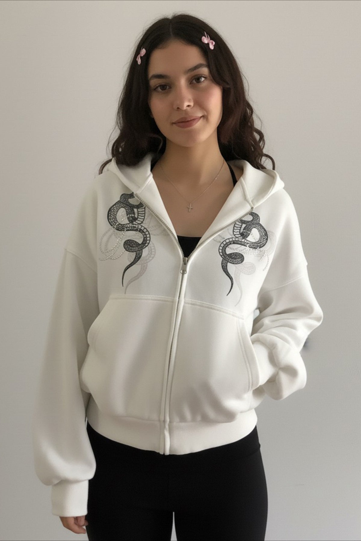 Snake Embroidery Oversized White Zip Hoodie