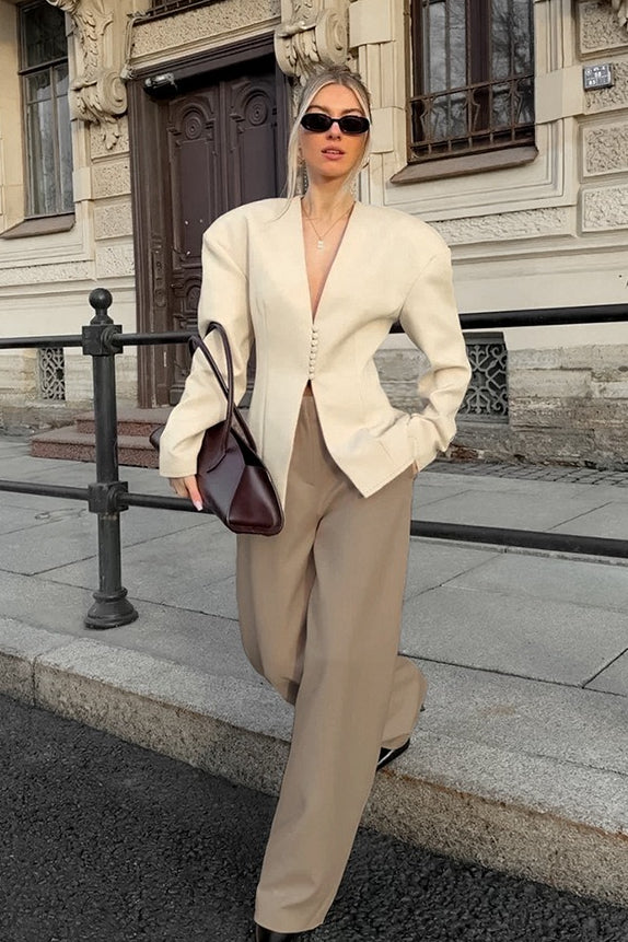 Chic Beige Structured V-Neck Coat Main image