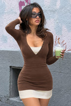 Contrast V-Neck Layered Knit Bodycon Mini Dress