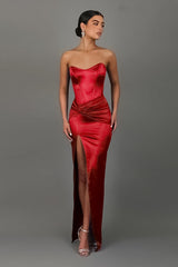 Twist Front Satin Slit Party Dress