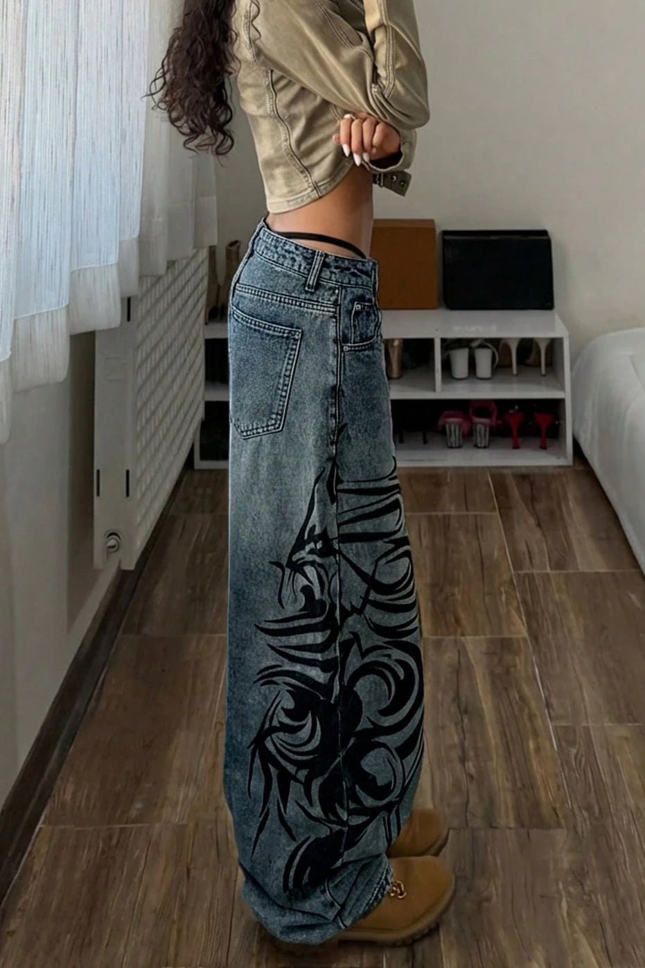 Tribal Graffiti Washed Wide Leg Jeans
