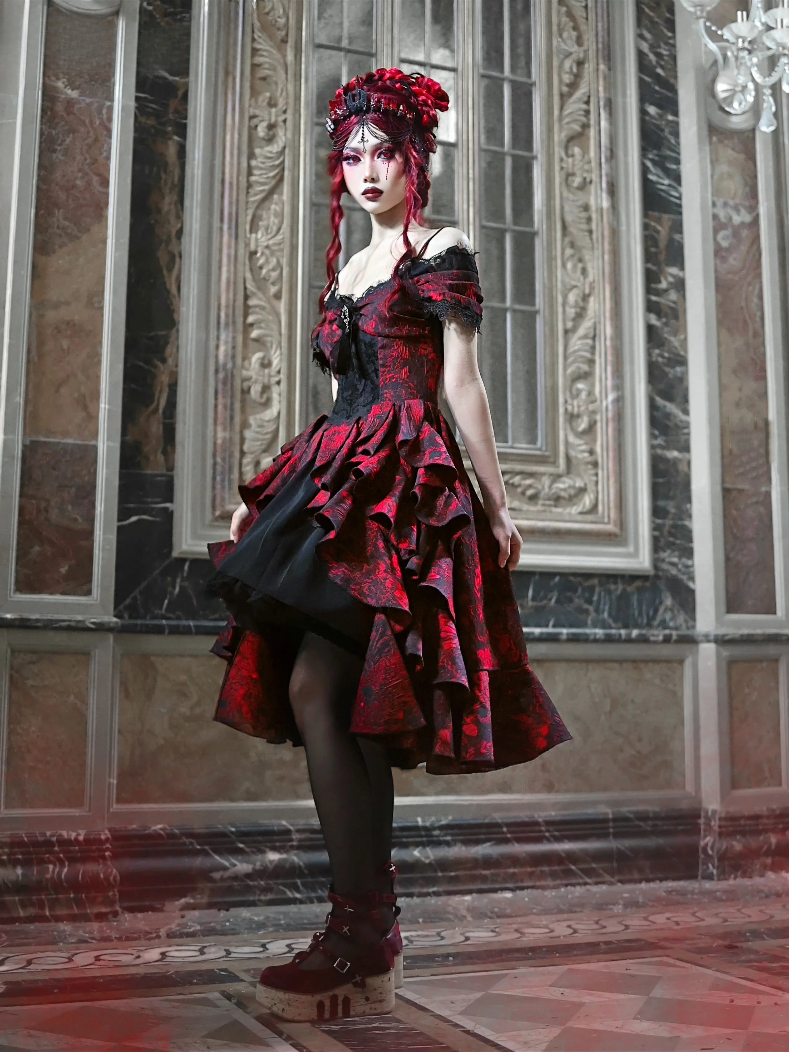 Japanese Gothic Style Red Black Halloween Off-Shoulder Court Wave Autumn Dark High-Waist Lolita Party Dress Secondary image