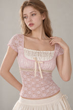 Square Neck Lace Spliced Tie Slim Blouse