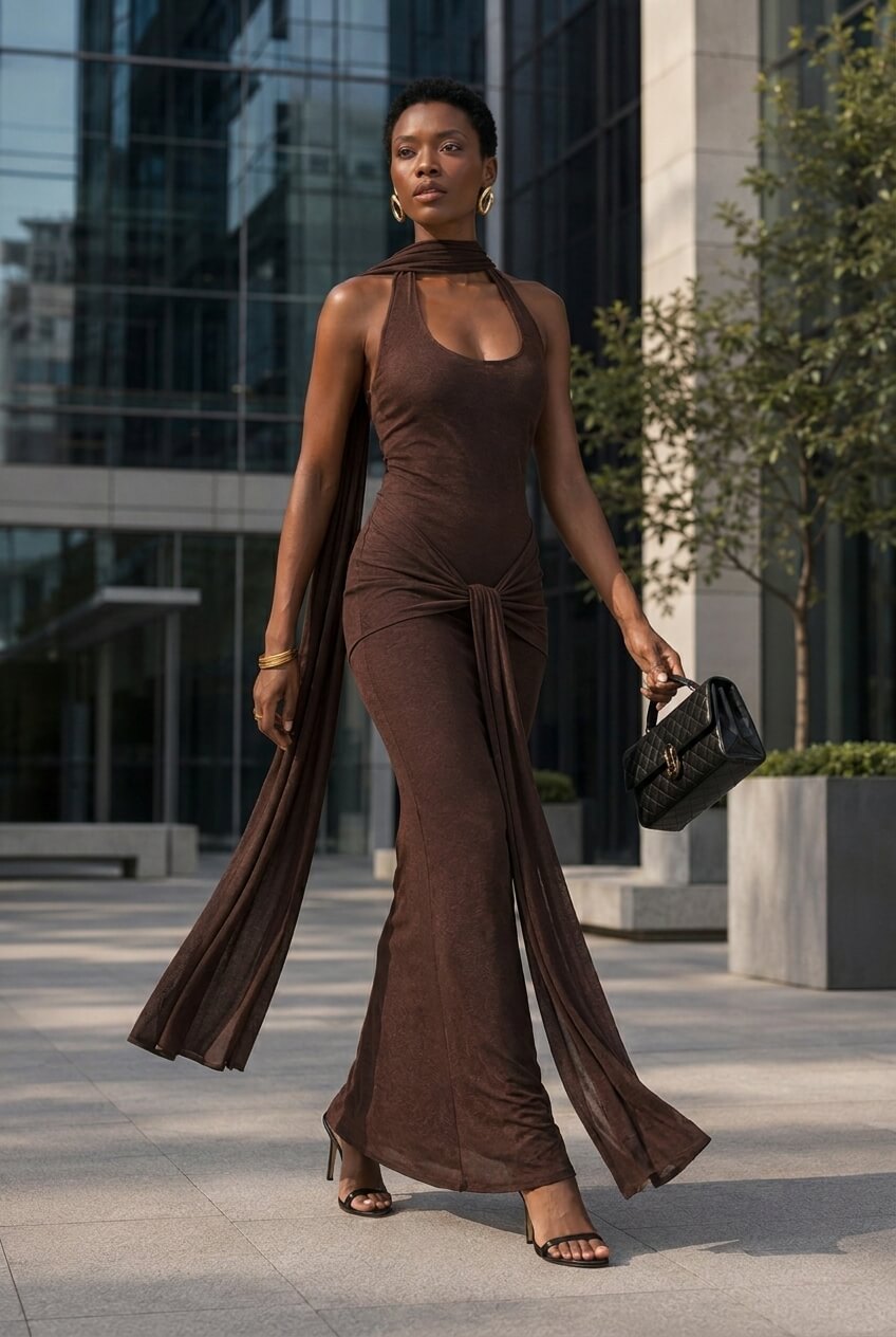 Silver Ribbon Backless Waist Cinch Maxi Bodycon Dress Main image