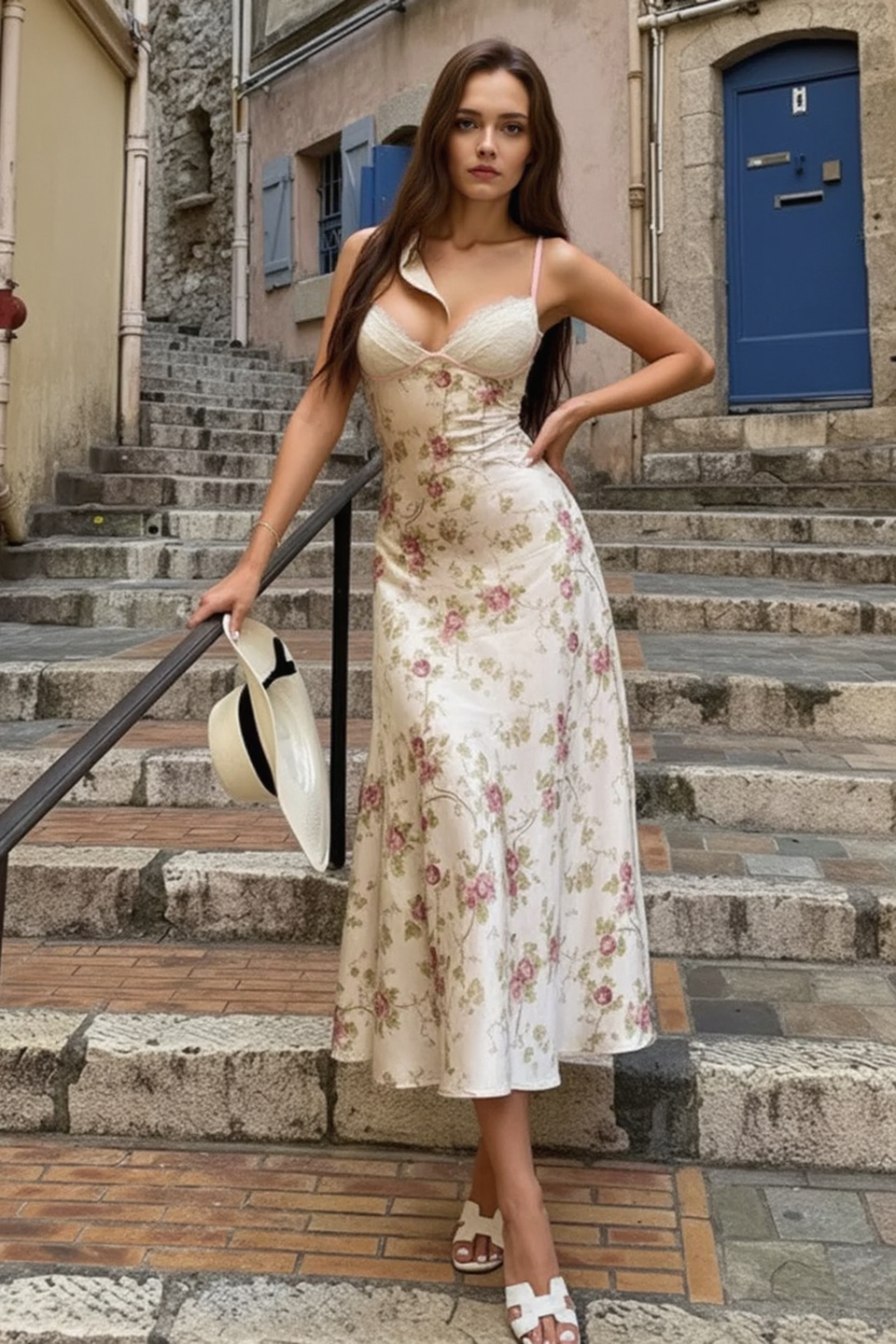 Lace Satin Panel V Neck Floral A Line Maxi Slip Dress Secondary image