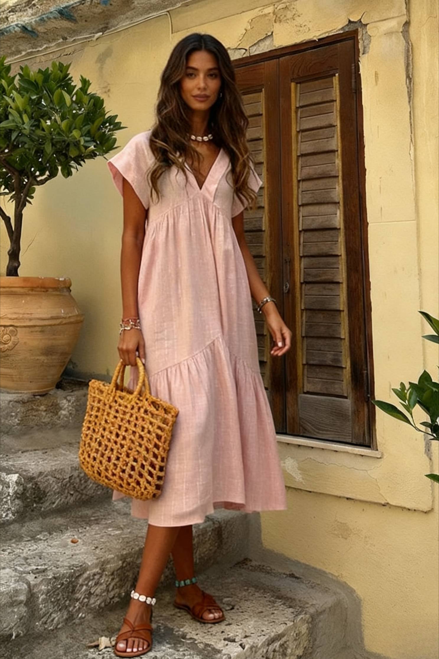 Cotton Linen Oversize Loose V-neck Boho Dress Secondary image