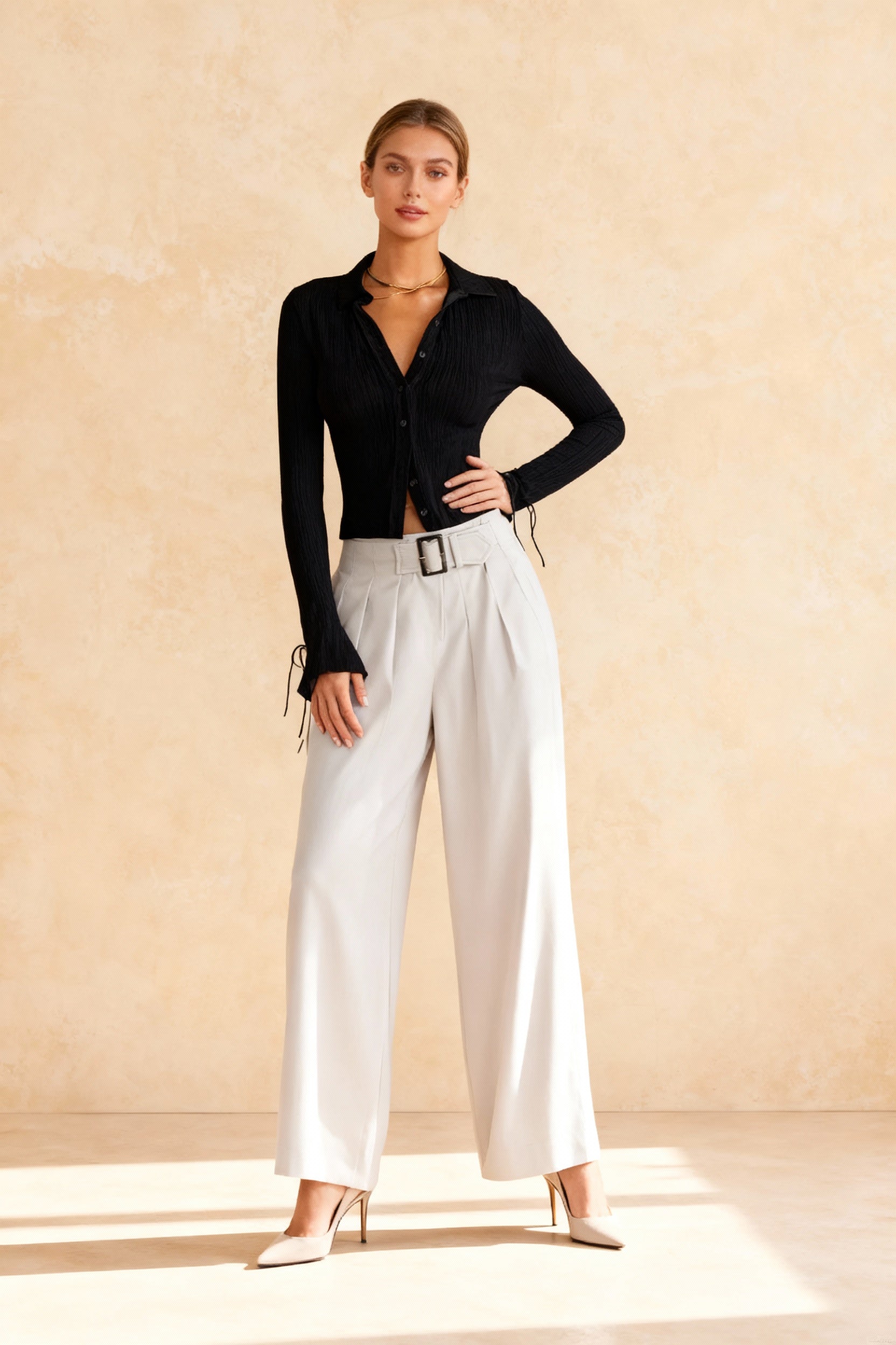 Long Sleeve Casual Turn-Down Collar Button-Down Knit Top Main image