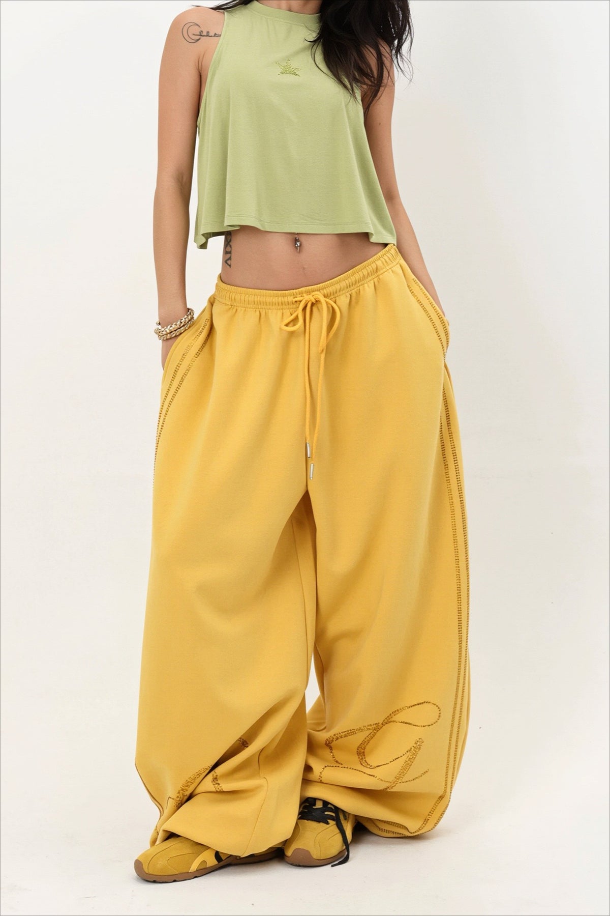 Rhinestone Script Drawstring Wide Leg Pants