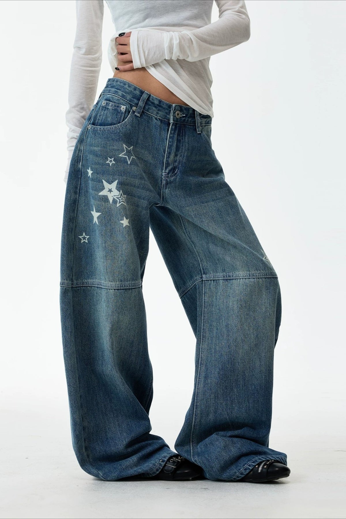 Star Panel Deconstructed Barrel Leg Jeans